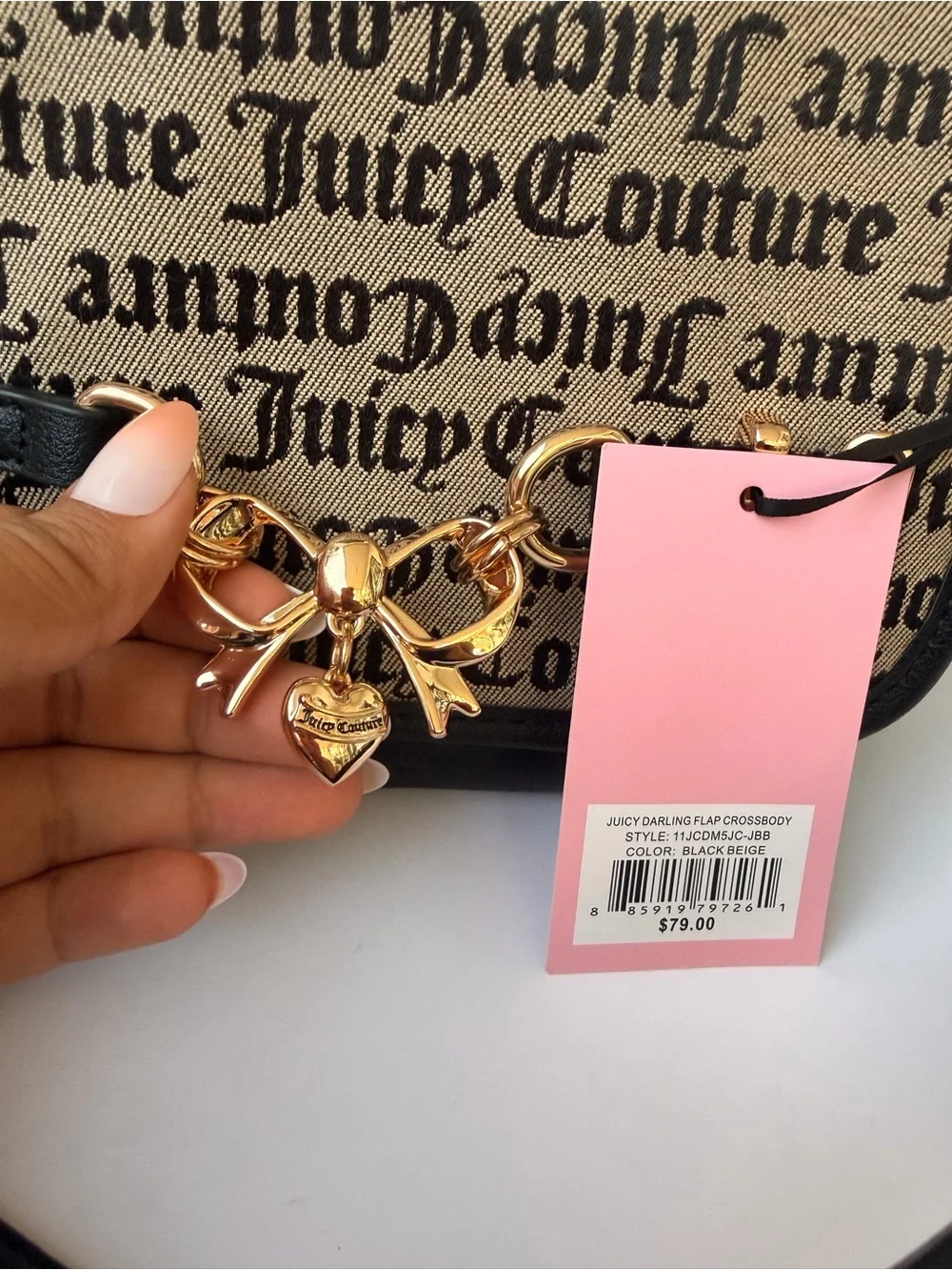 Juicy Couture Black & Beige Logo Canvas Shoulder Bag with Gold Hardware
